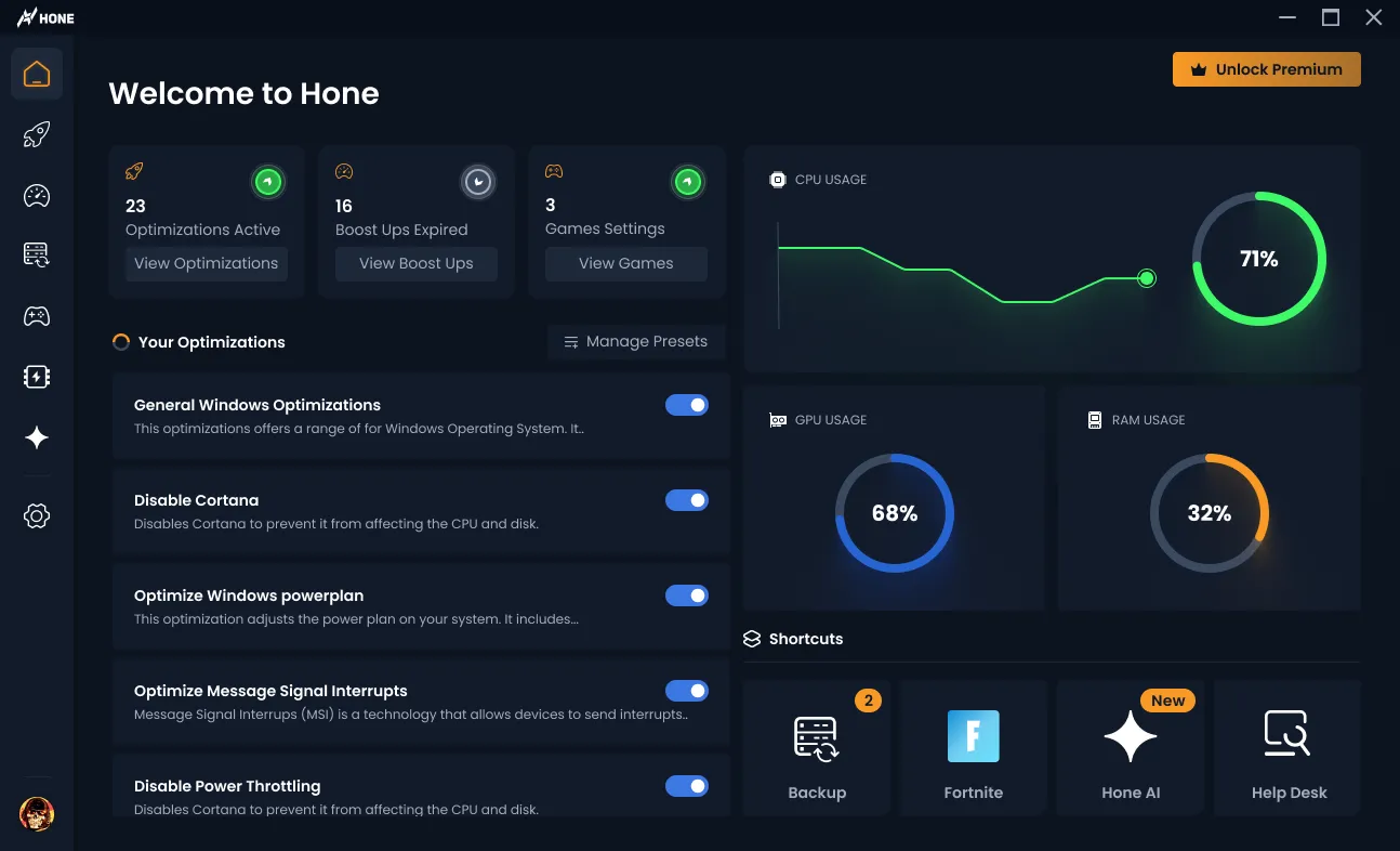 Panoul de optimizare Hone
