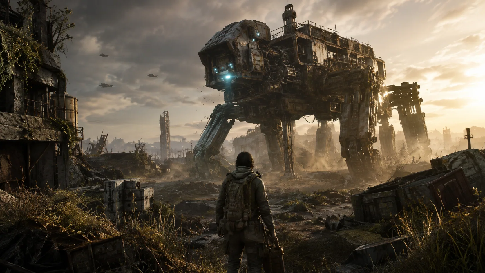 Original scavenger facing a giant machine in overgrown industrial ruins