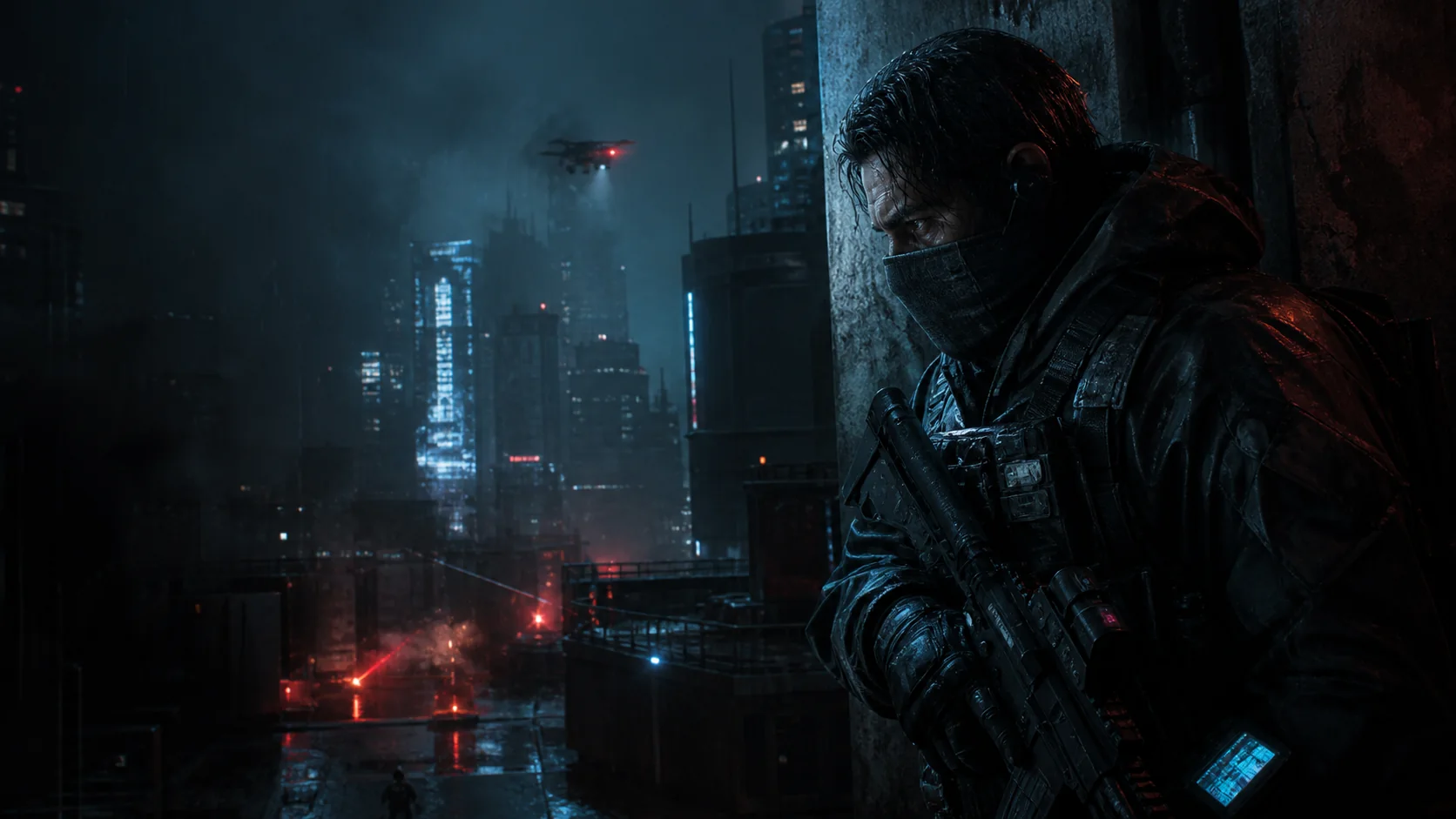 Near-future operator moving through a rain-dark city with a drone overhead