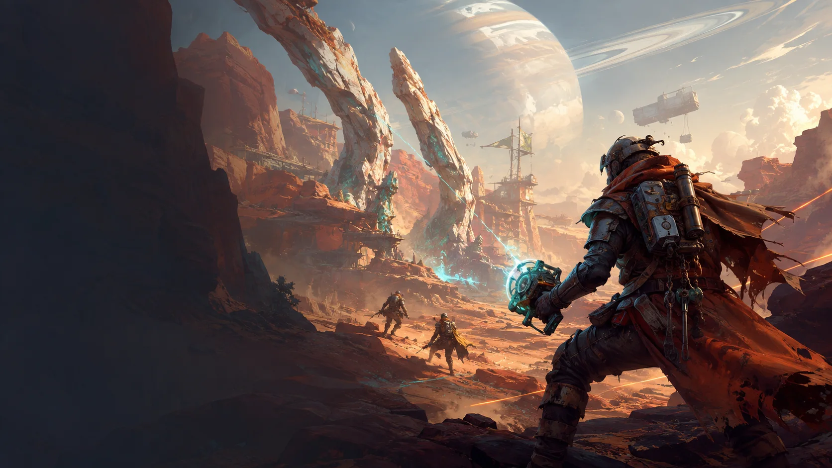 Original sci-fi scavenger leading a team through a sunlit alien canyon