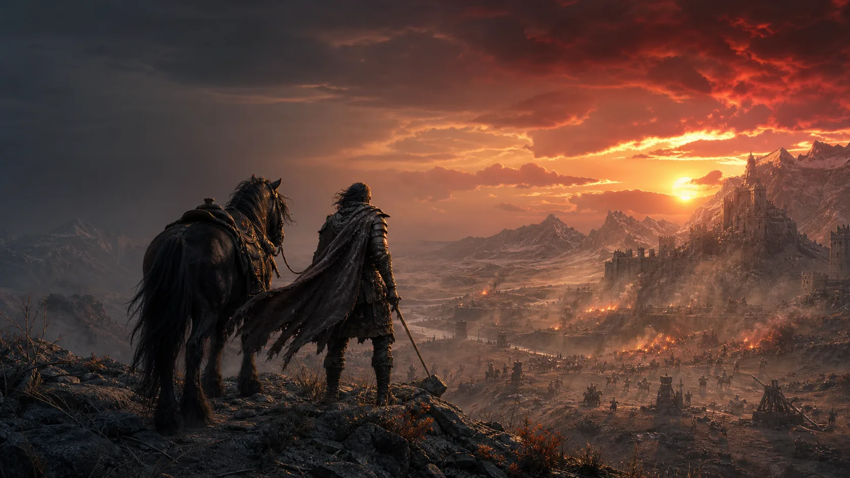 Original armored traveler and horse watching a battle below a crimson sky