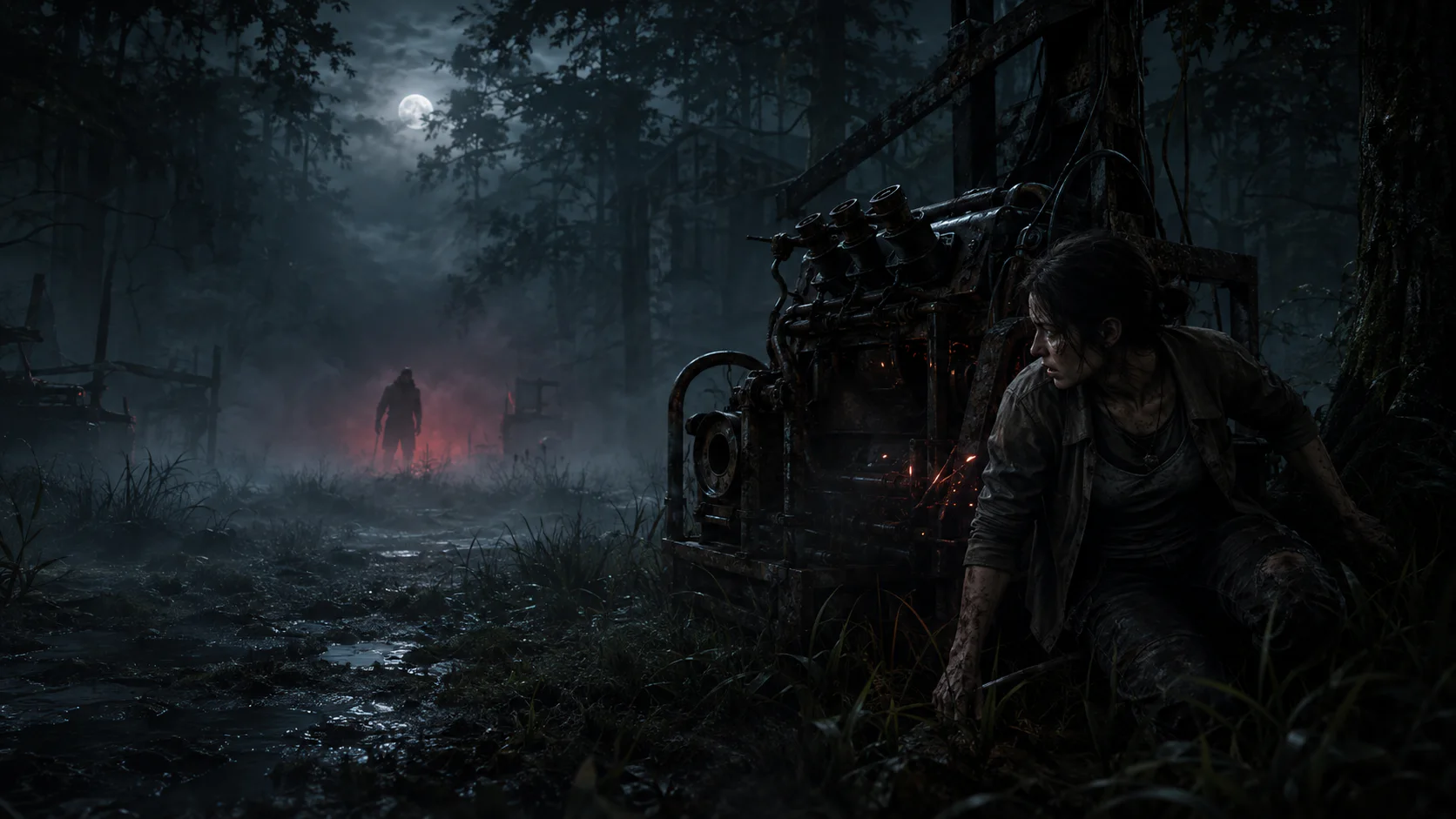Survivor hiding by a broken generator while a distant pursuer searches a foggy forest