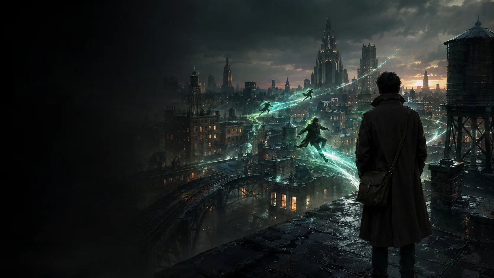Original occult courier watching a supernatural rooftop arena at dusk