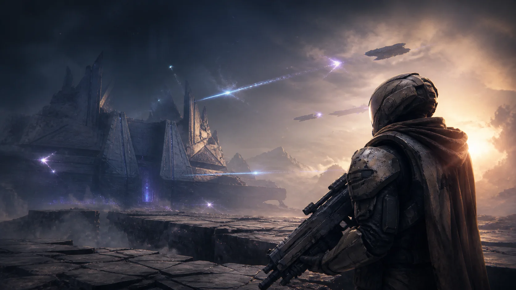 Armored space defender overlooking alien ruins during a distant battle
