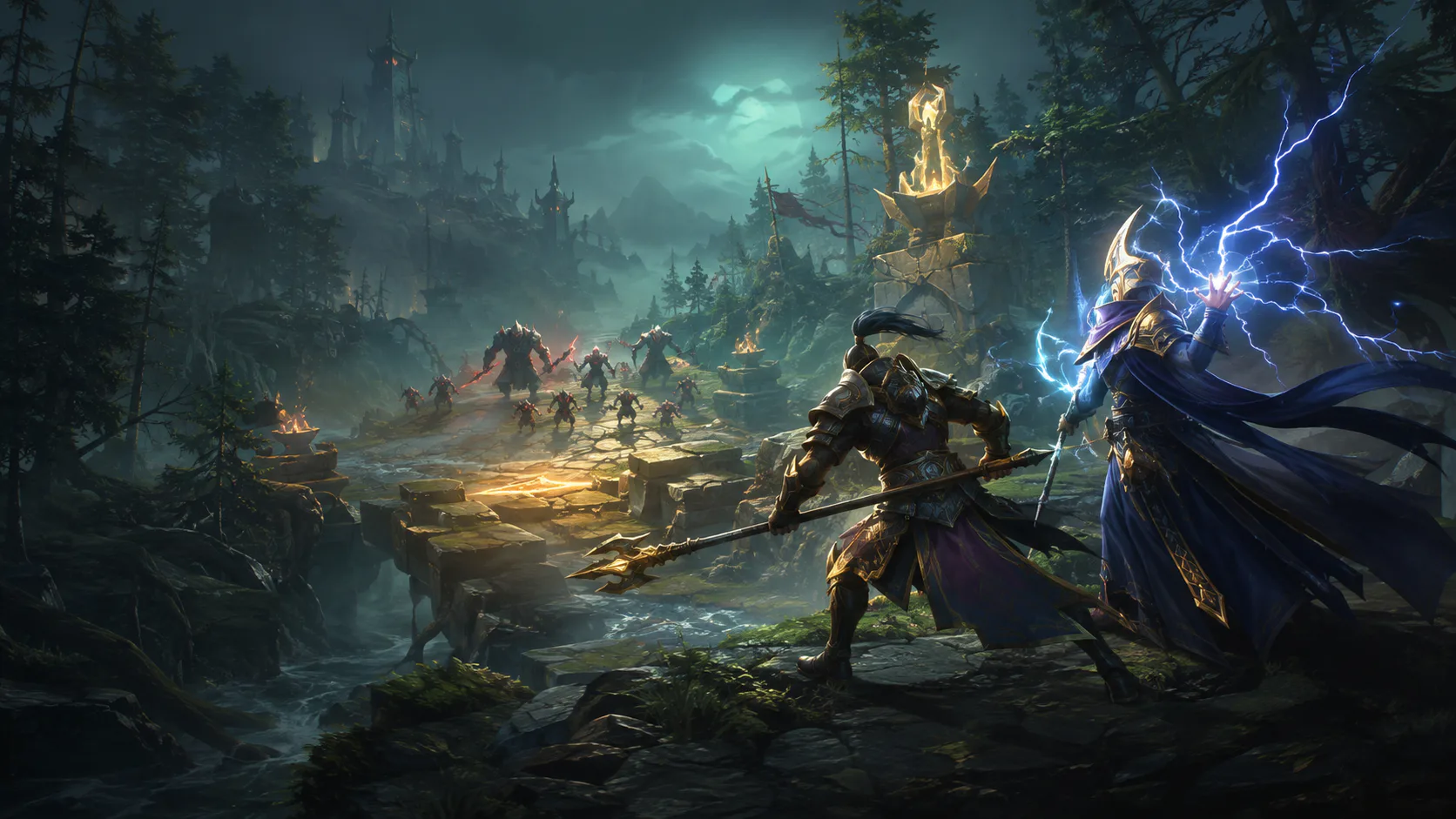 Original fantasy fighters facing a team battle on a moonlit forest lane