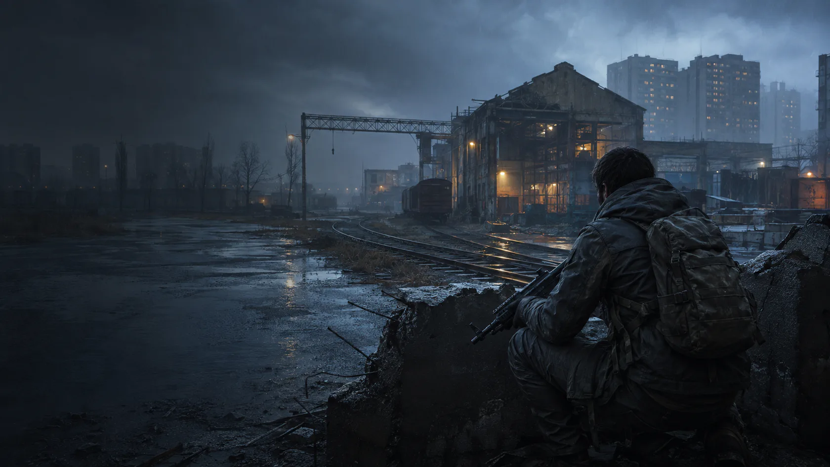 Original survivor watching a rain-soaked industrial rail yard at dusk