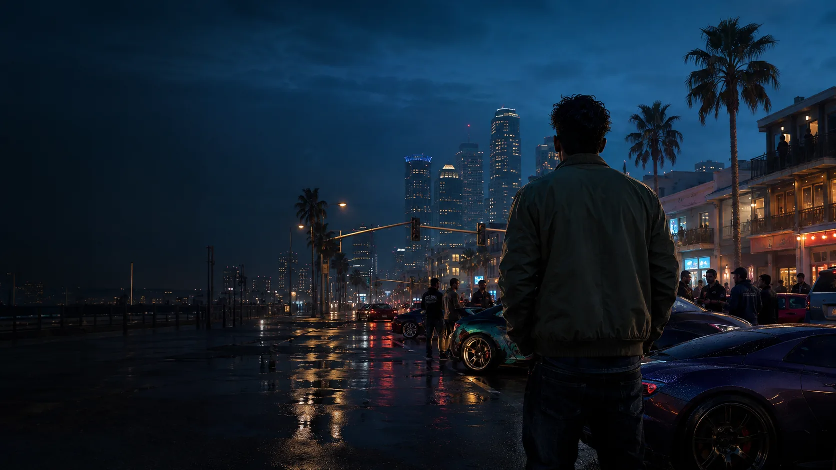 Original driver overlooking a busy coastal city car meet at blue hour