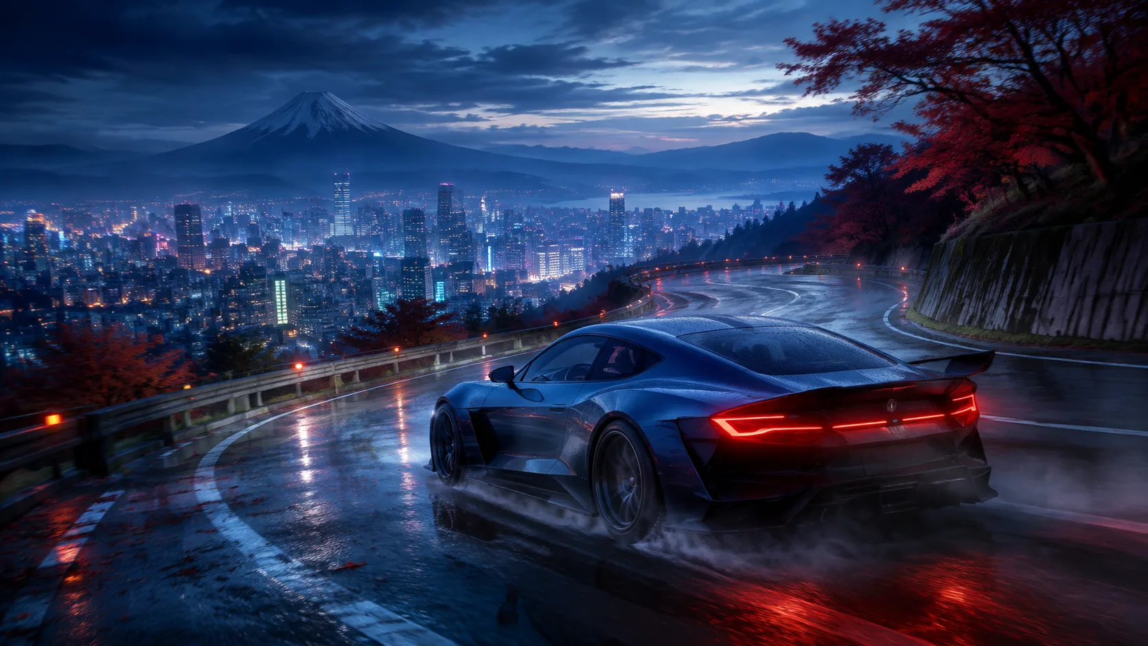 Original sports coupe racing down a wet mountain road above a city at dusk