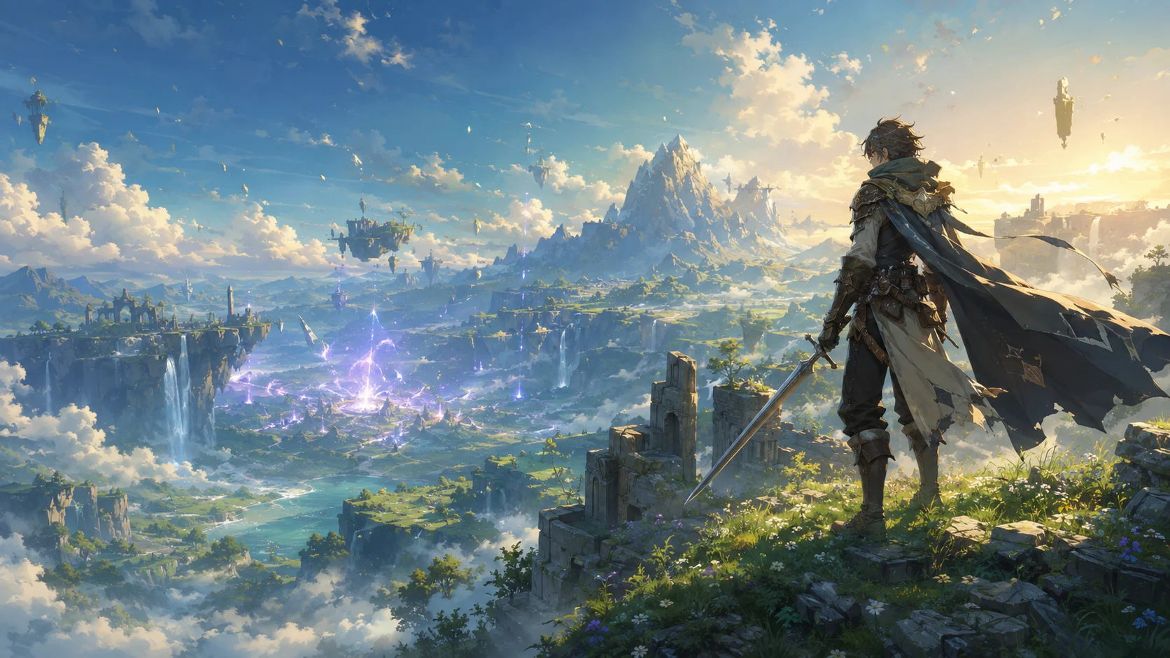 Original fantasy traveler looking across a bright valley with floating ruins and distant magic