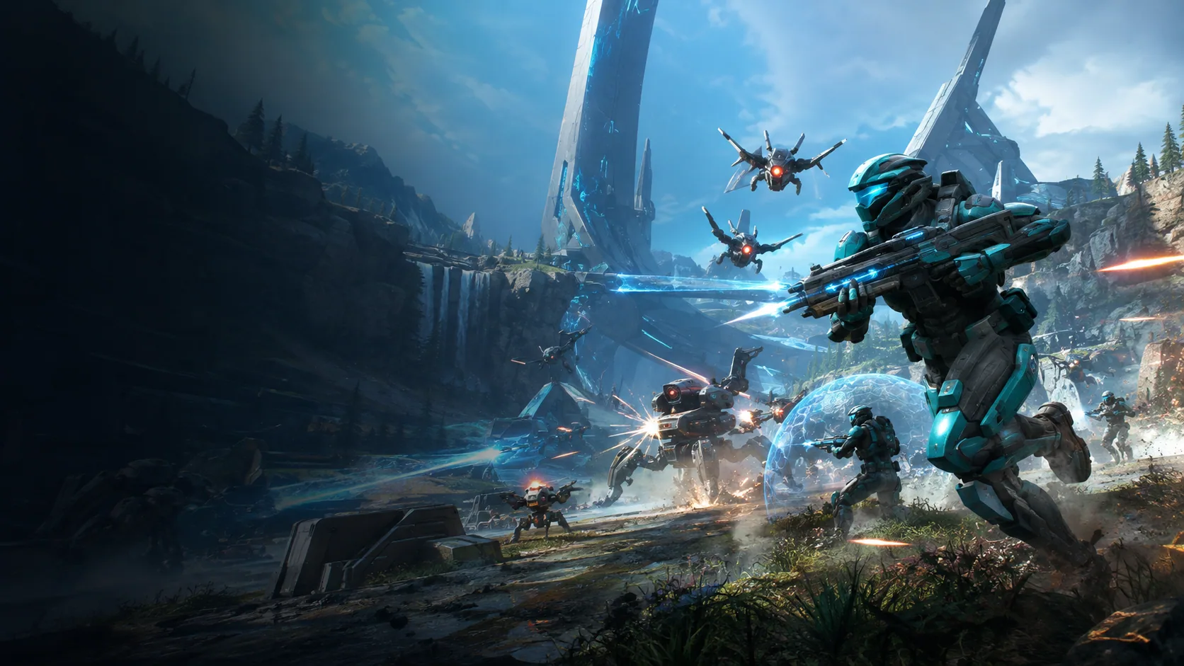 Original future soldiers fighting drones in a bright alien valley