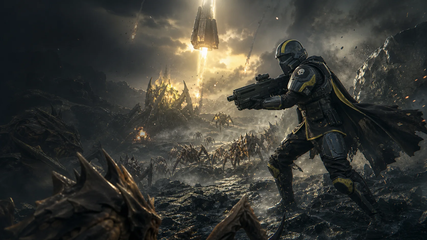 Armored Helldiver facing an alien bug swarm on a rocky planet