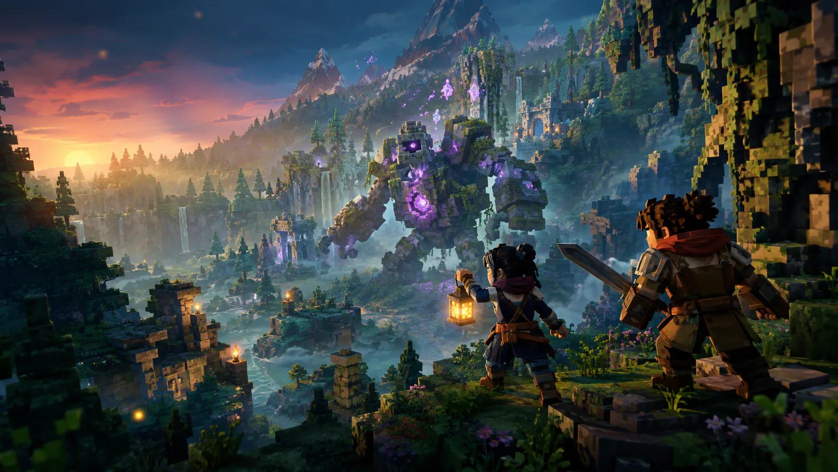 Original block-built fantasy adventurers facing a stone creature in a vast forest valley