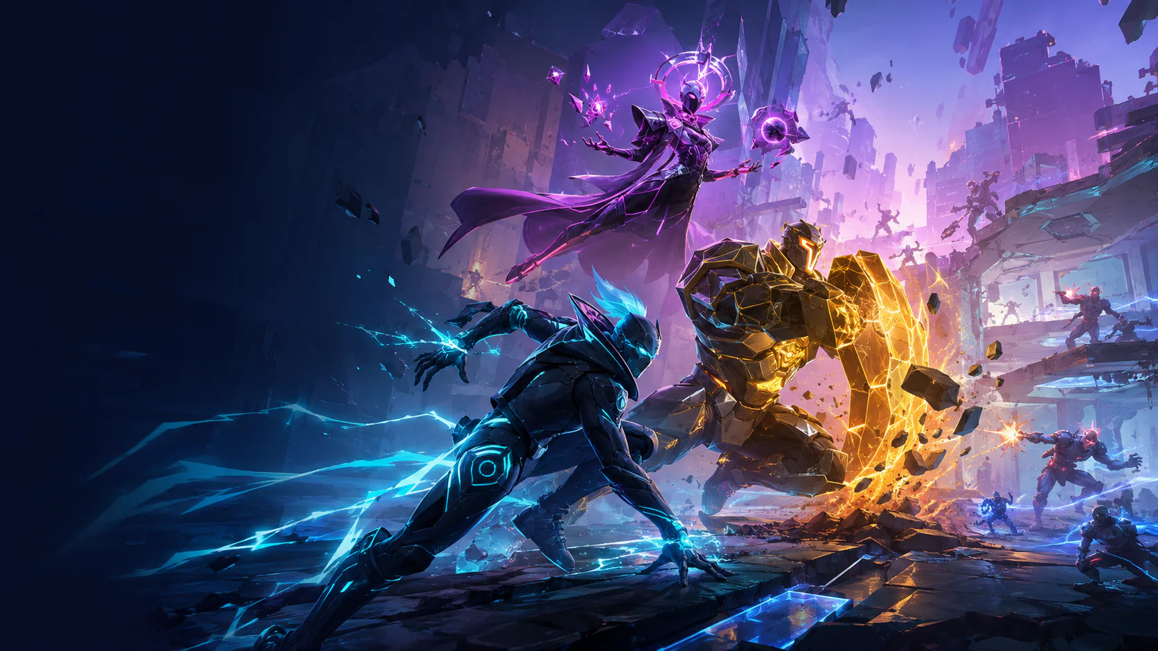 Original superhero team fighting in a shattered futuristic city arena