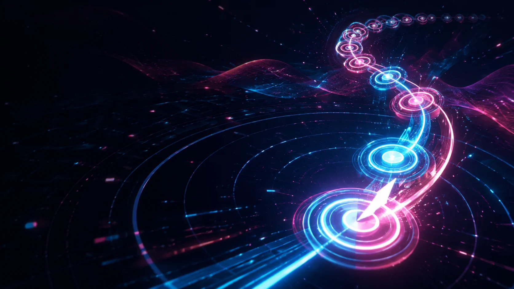 Original neon rhythm targets linked by cyan and pink cursor trails