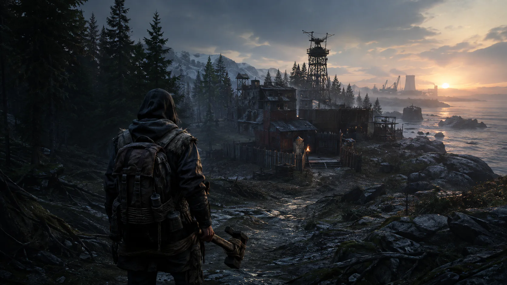 Original survivor overlooking a handmade coastal compound at sunrise