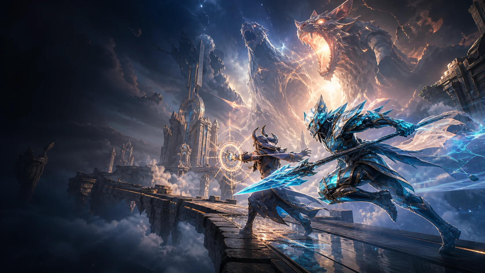 Original crystal-armored fantasy fighters charging across a celestial arena