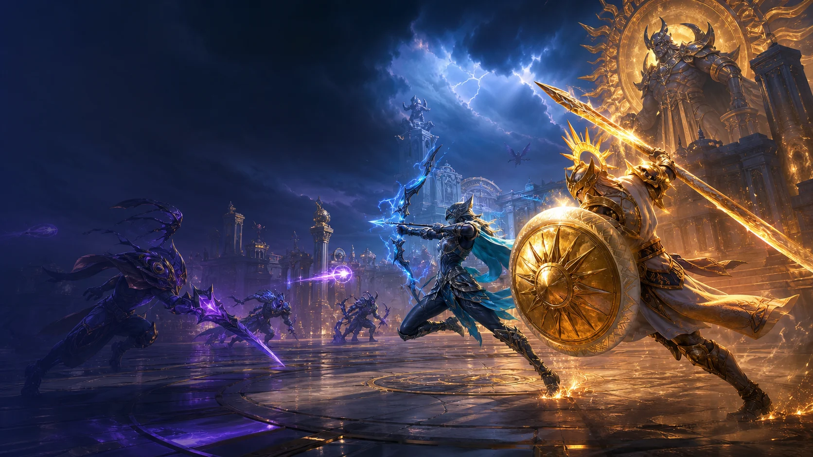 Original armored fantasy fighters battling shadow creatures in a storm-lit arena