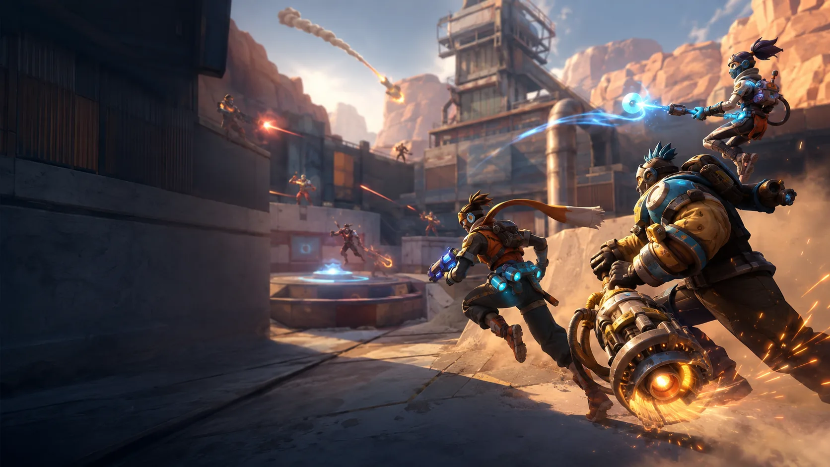 Original class-based fighters battling in a sunlit industrial canyon