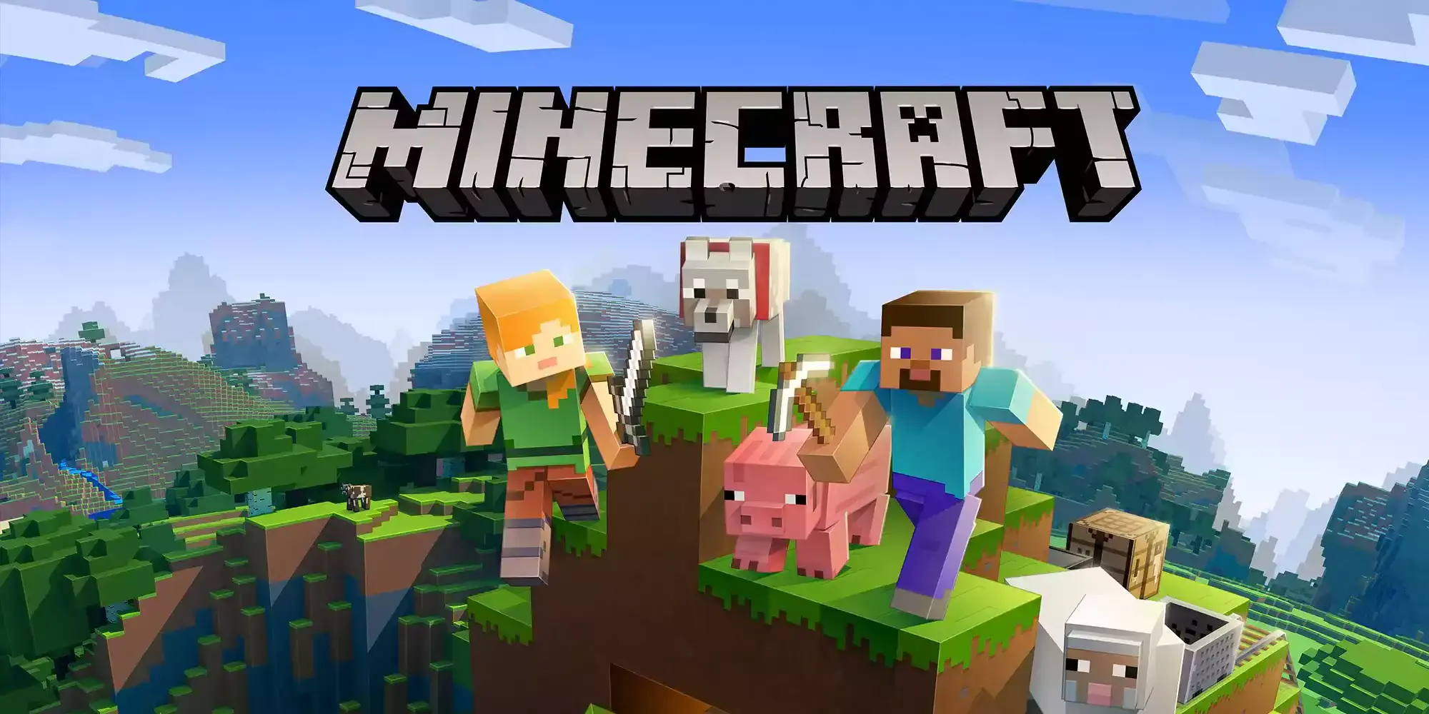 Paesaggio di Minecraft con Alex, Steve e animali