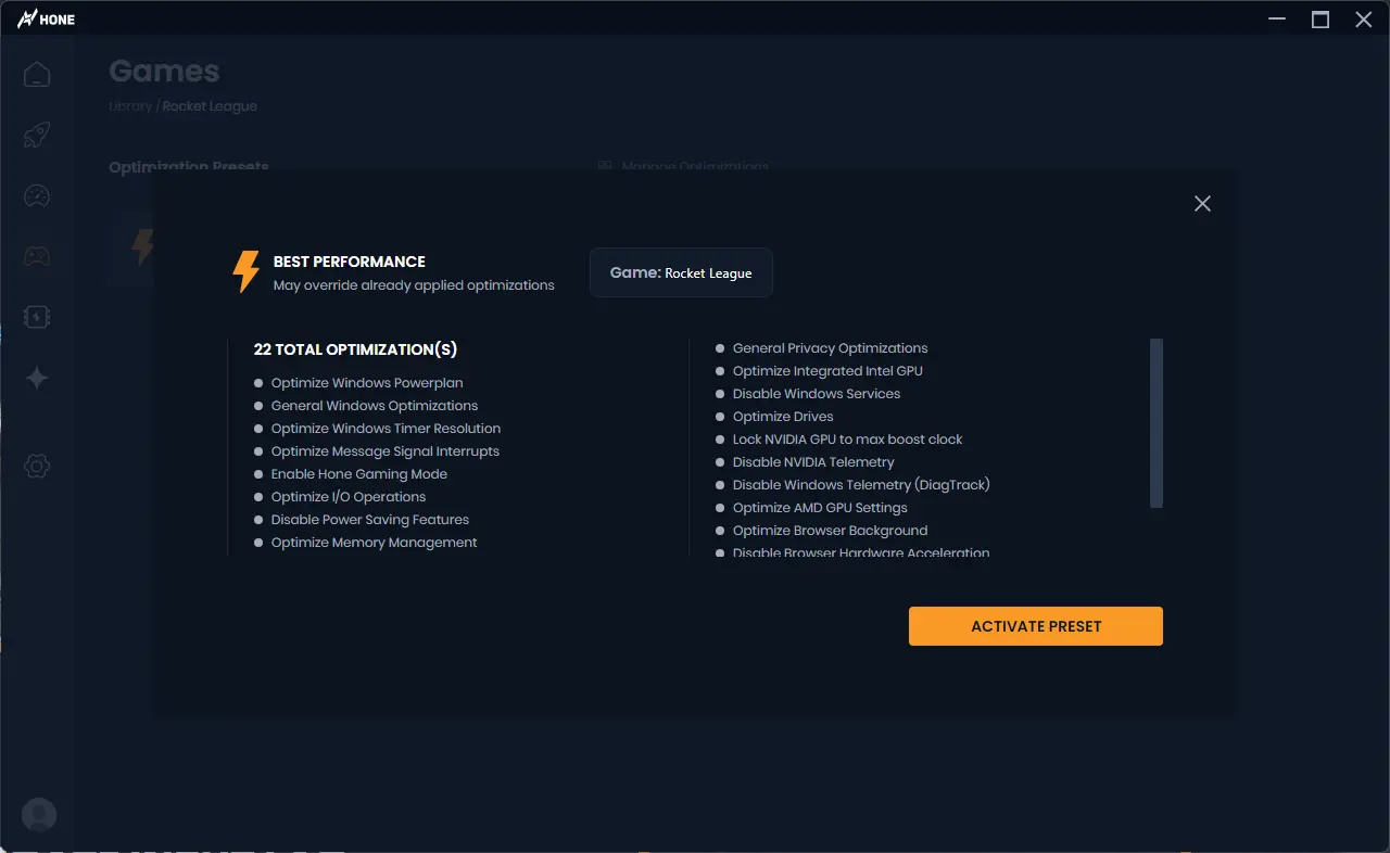 Hone Rocket League performance preset