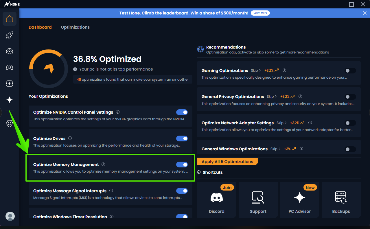 Hone Optimize Memory Management Screenshot